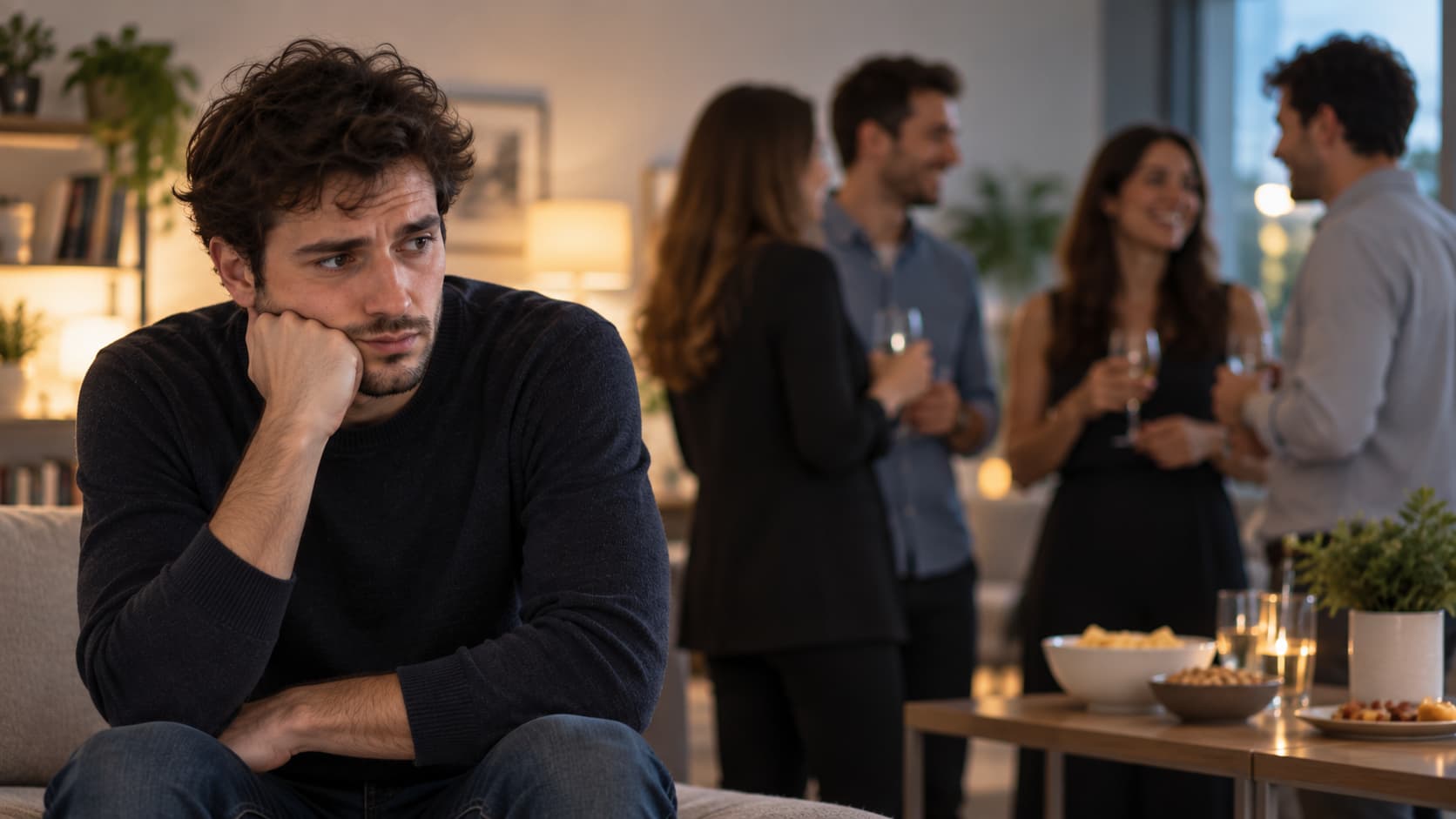 Uomo che si sente a disagio e isolato durante una situazione sociale