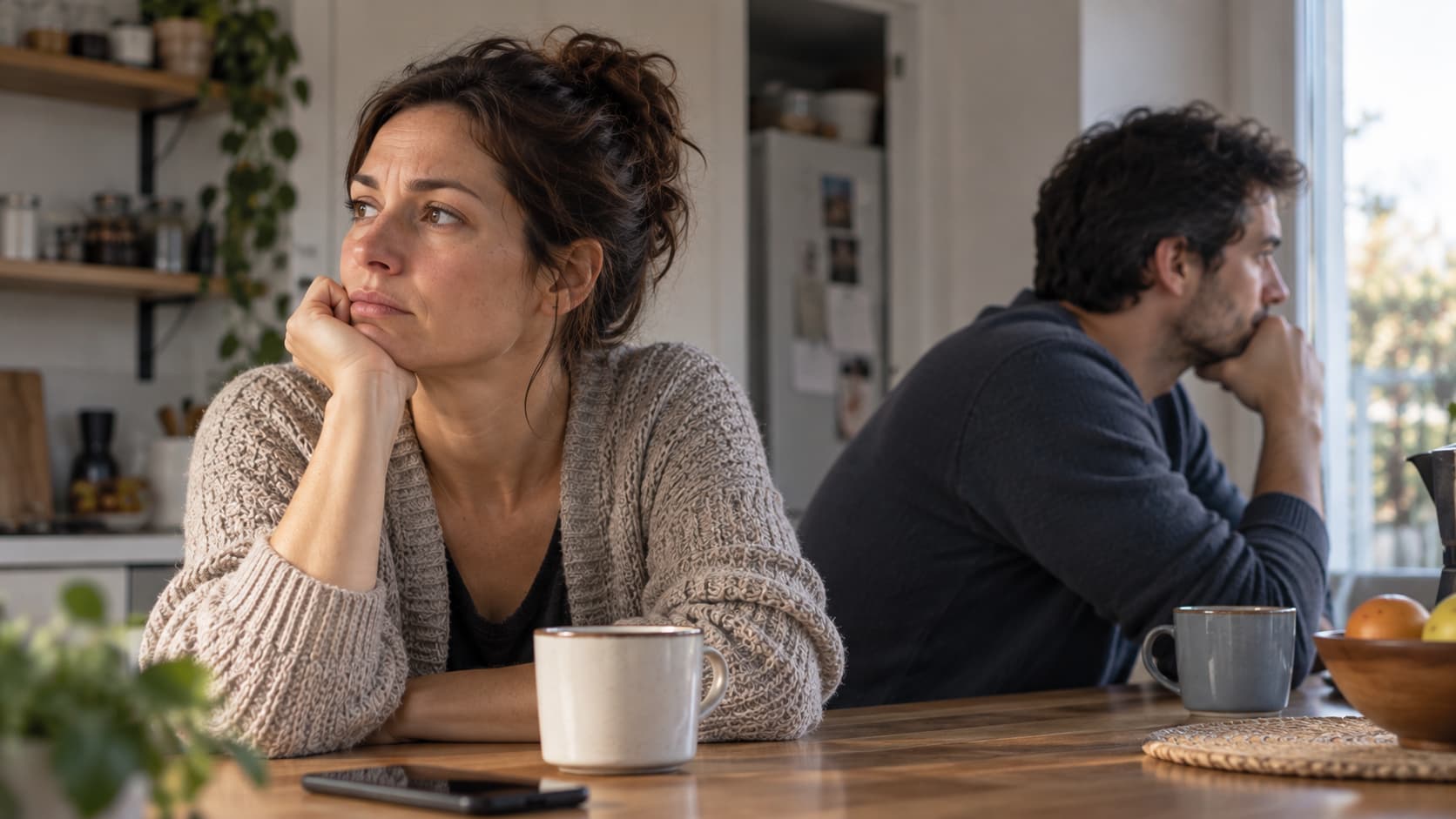 Due partner seduti in cucina, rivolti in direzioni diverse, in un momento di distanza e incomprensione