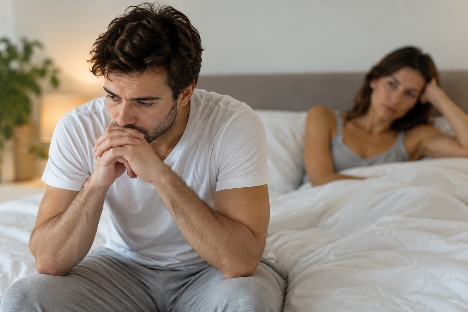 Un uomo seduto sul bordo del letto appare preoccupato, mentre la partner è sullo sfondo. L'immagine richiama il disagio personale e relazionale che può accompagnare le difficoltà sessuali.