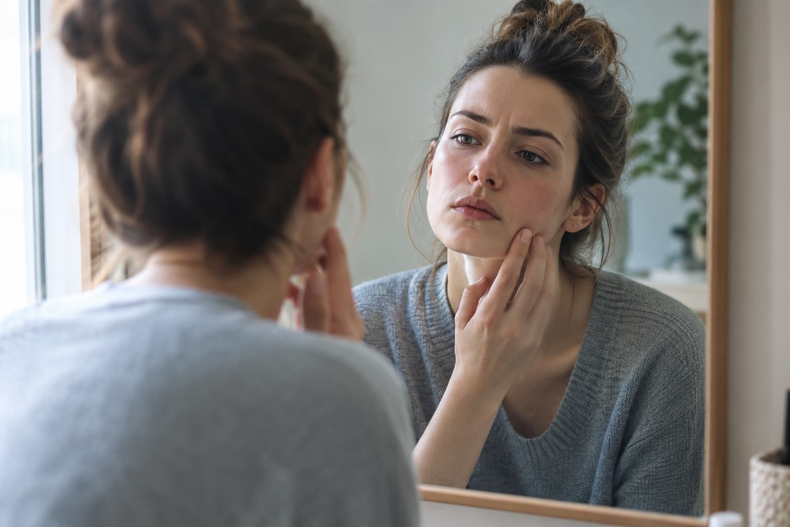 Donna che osserva il proprio volto allo specchio con attenzione e preoccupazione