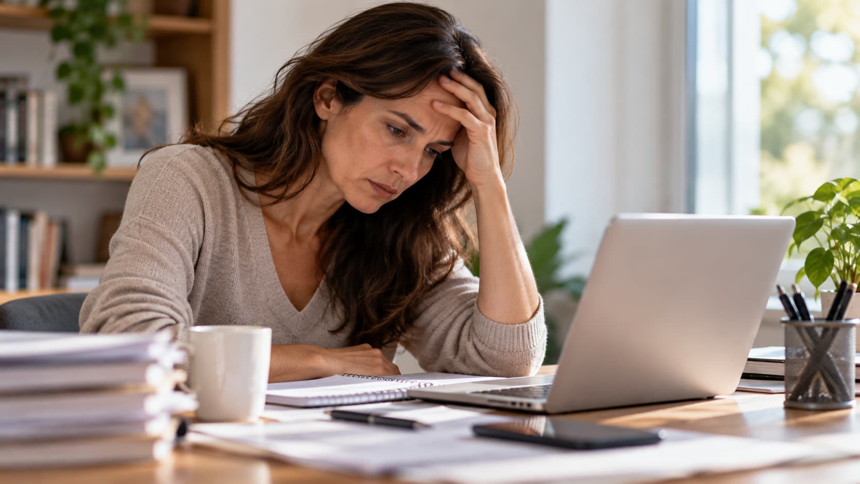 Una donna seduta alla scrivania appare affaticata e preoccupata mentre lavora al computer, a rappresentare lo stress legato agli impegni e alle responsabilità quotidiane.