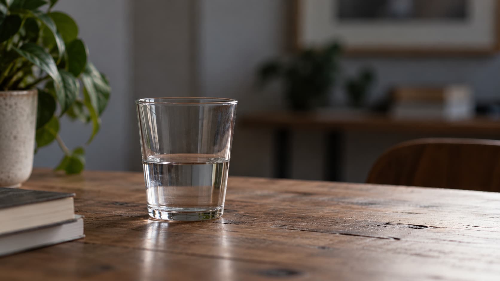 Bicchiere d'acqua mezzo vuoto su un tavolo, simbolo dell'insoddisfazione personale