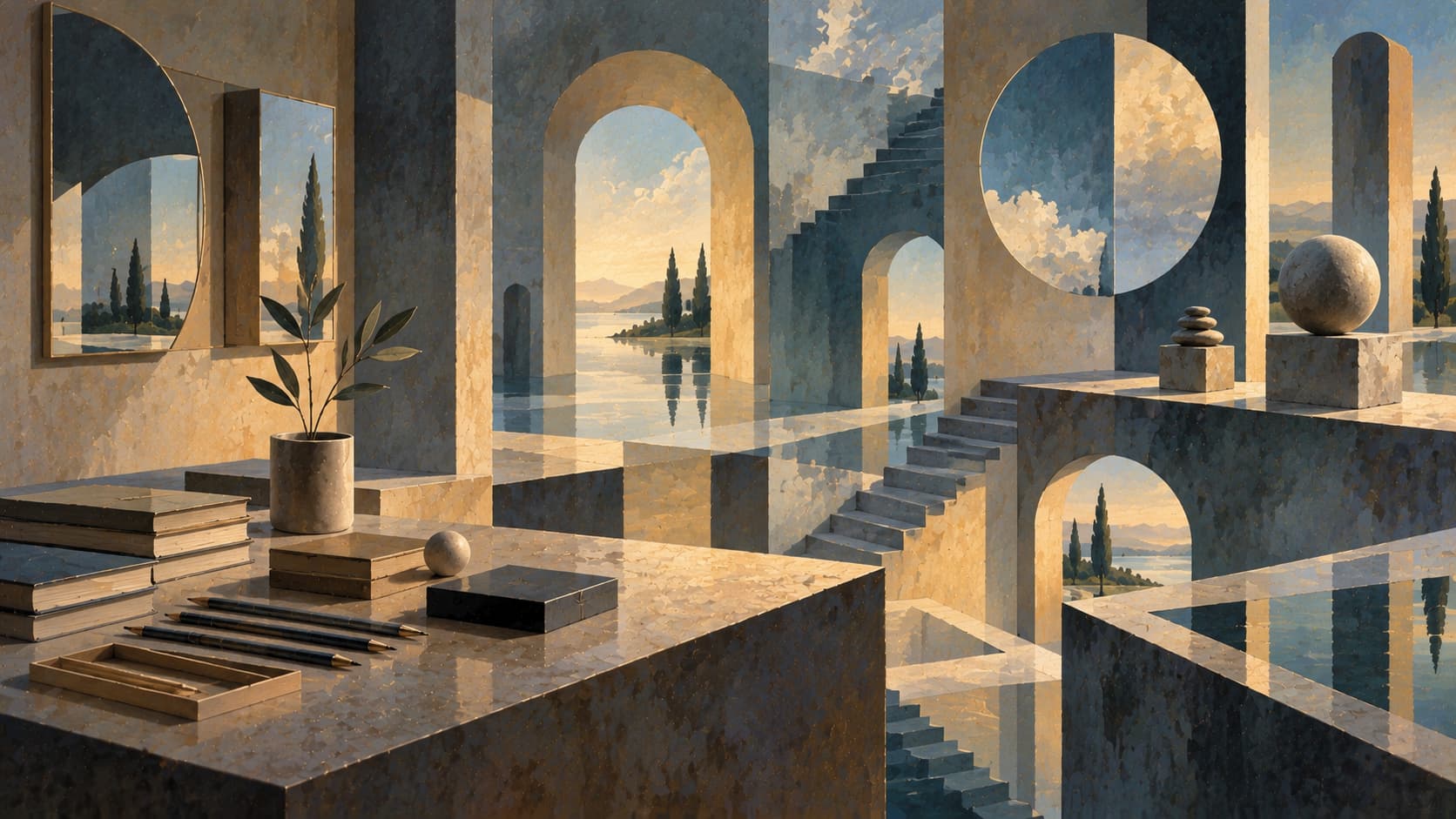 Composizione pittorica surreale in cui architetture, riflessi e oggetti ordinati creano un equilibrio apparentemente perfetto ma ambiguo, evocando il bisogno di simmetria e la sensazione che qualcosa non sia a posto.