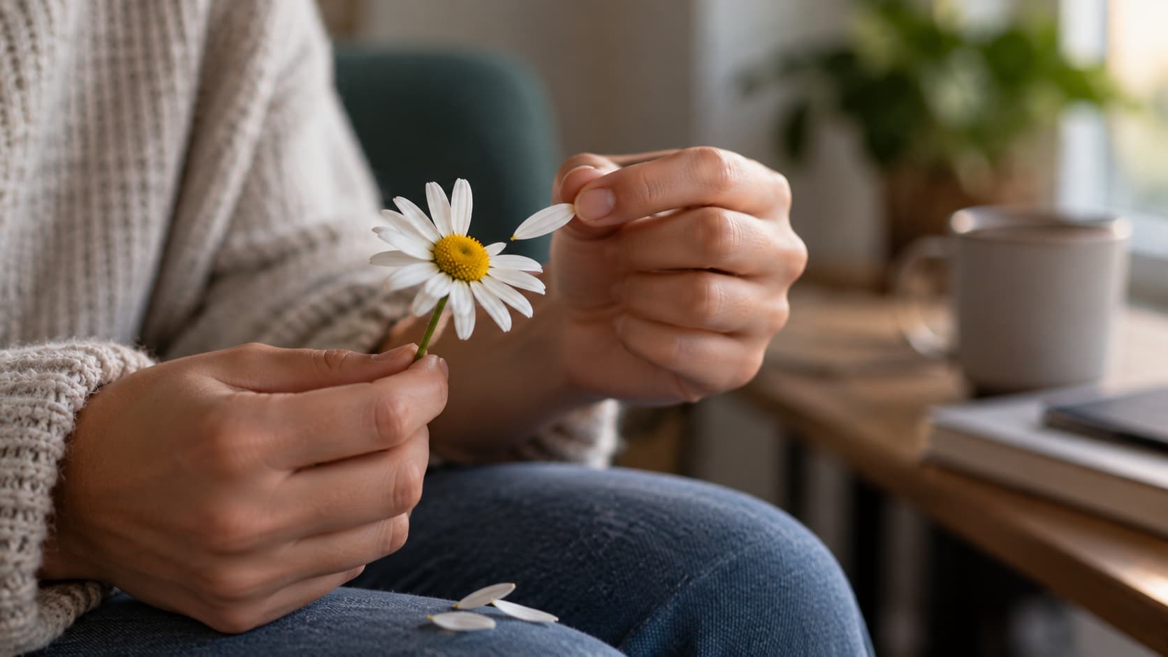 Mani che sfogliano una margherita, simbolo del dubbio continuo sui propri sentimenti verso il partner.
