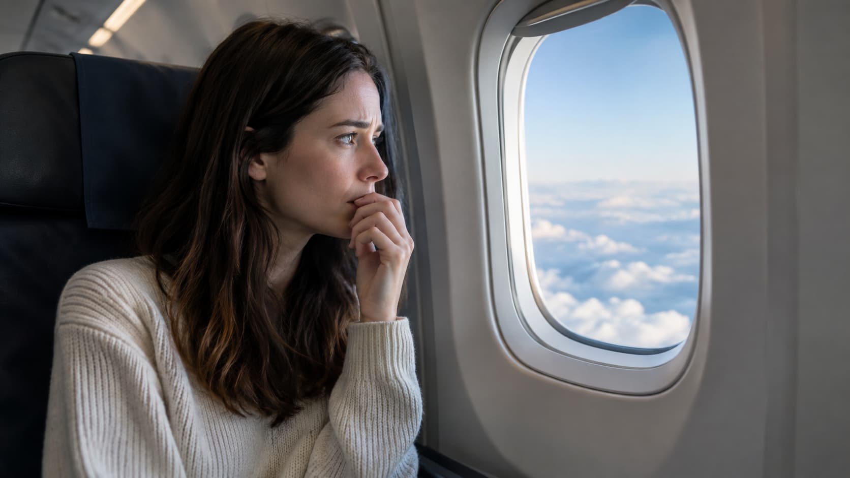 Persona seduta su un aereo che vive una sensazione di ansia e disagio durante il volo.