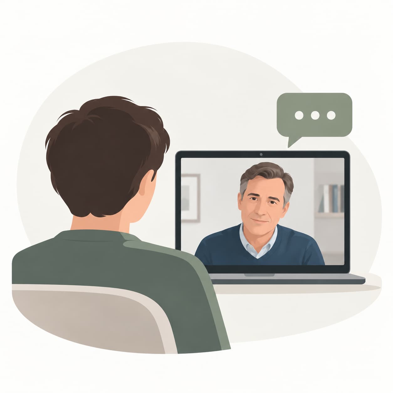Illustrazione di una persona che partecipa a un colloquio psicologico online attraverso un computer, a rappresentare la possibilità di svolgere incontri di psicologia e psicoterapia a distanza.